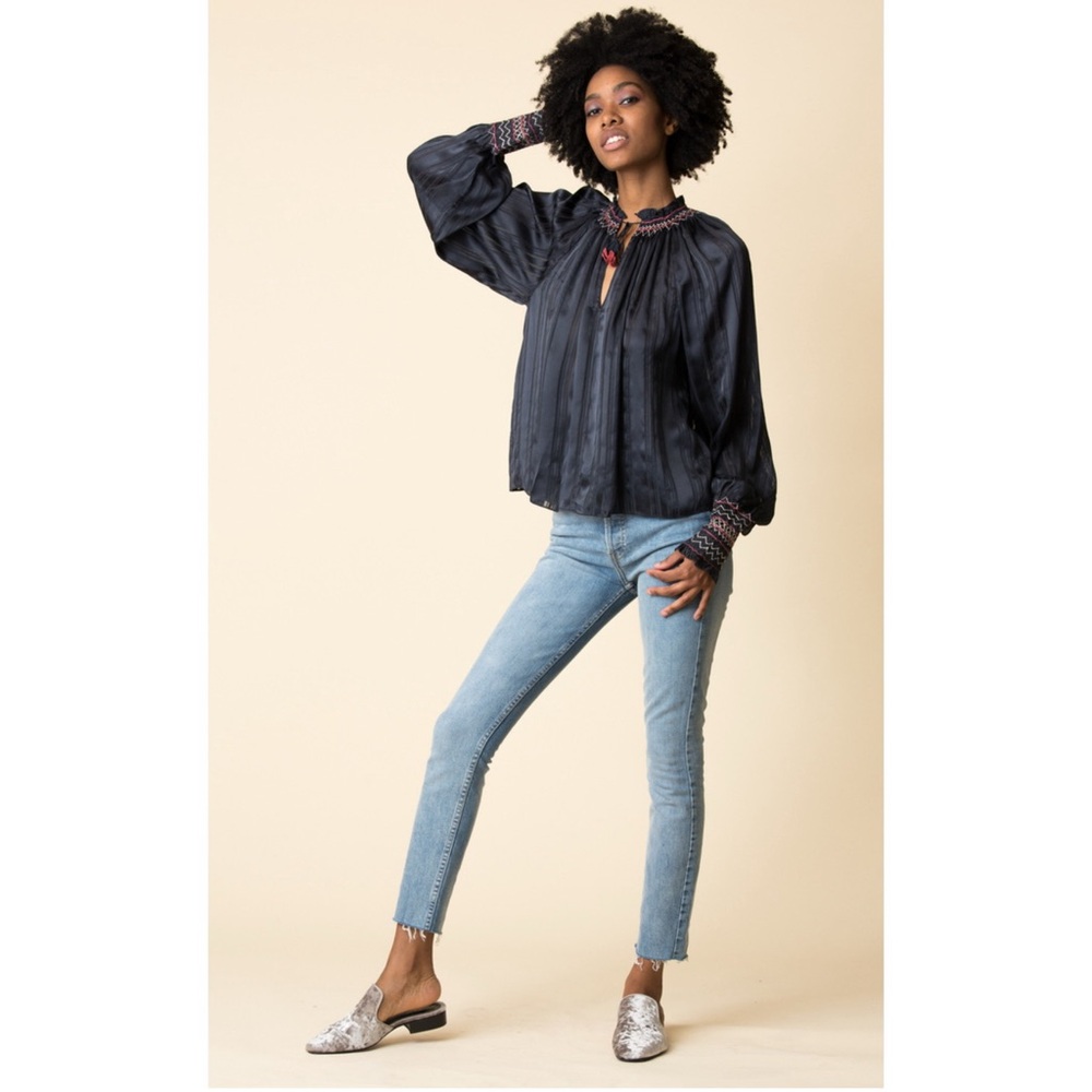 Ulla Johnson Margaret navy smocked long sleeve silk blouse